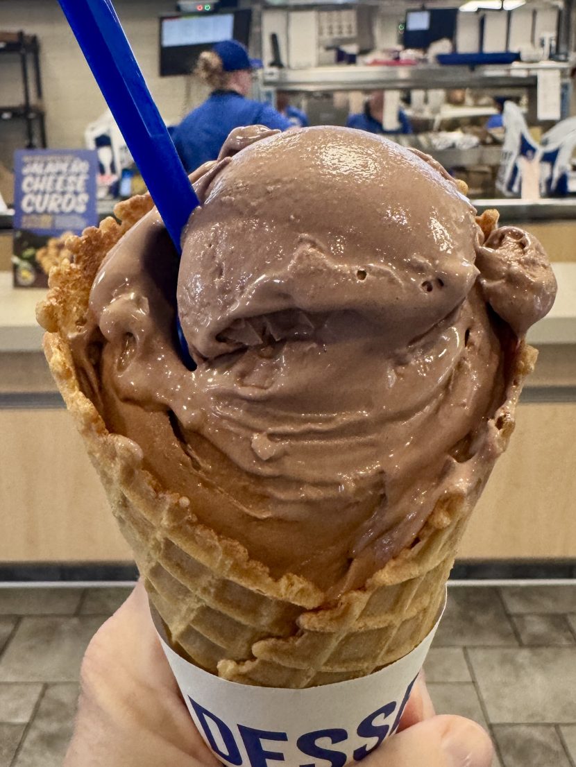 Chocolate frozen custard in a waffle cone